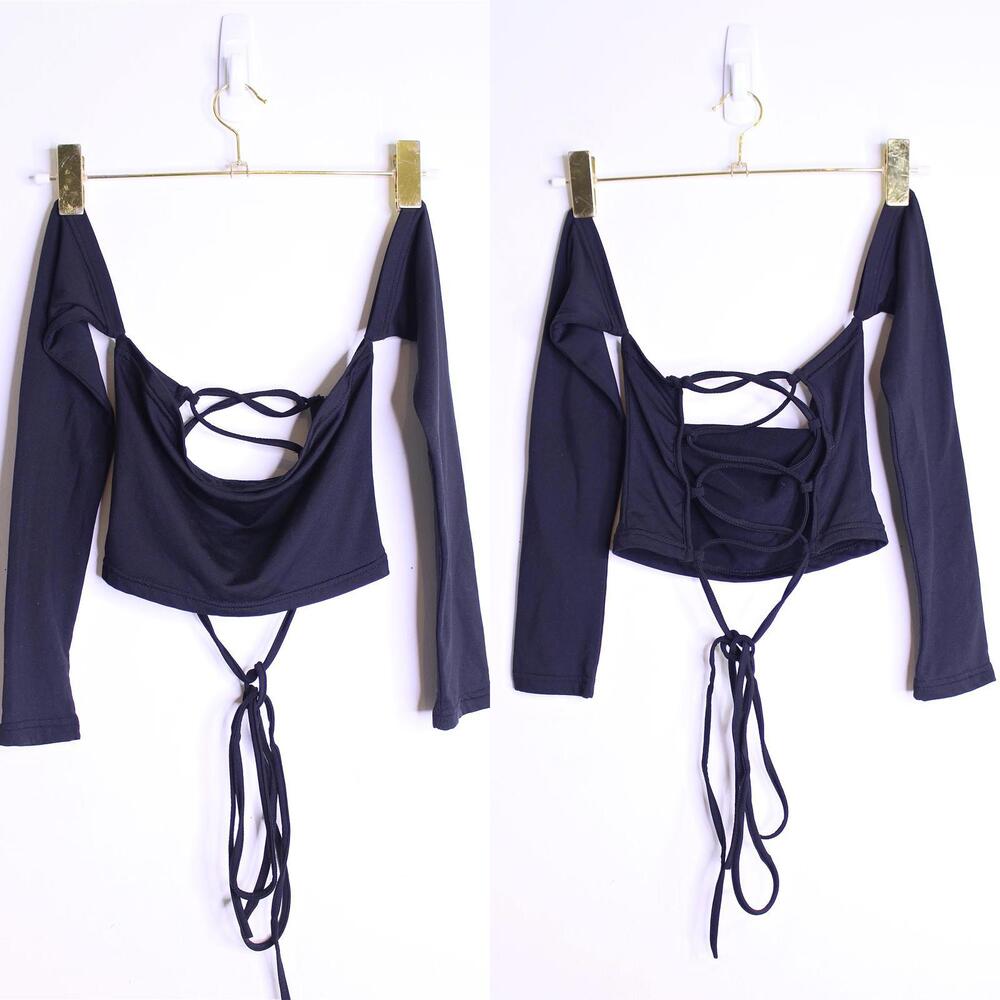 Black Lace Up Crop Top with 3/4 Sleeves - Small